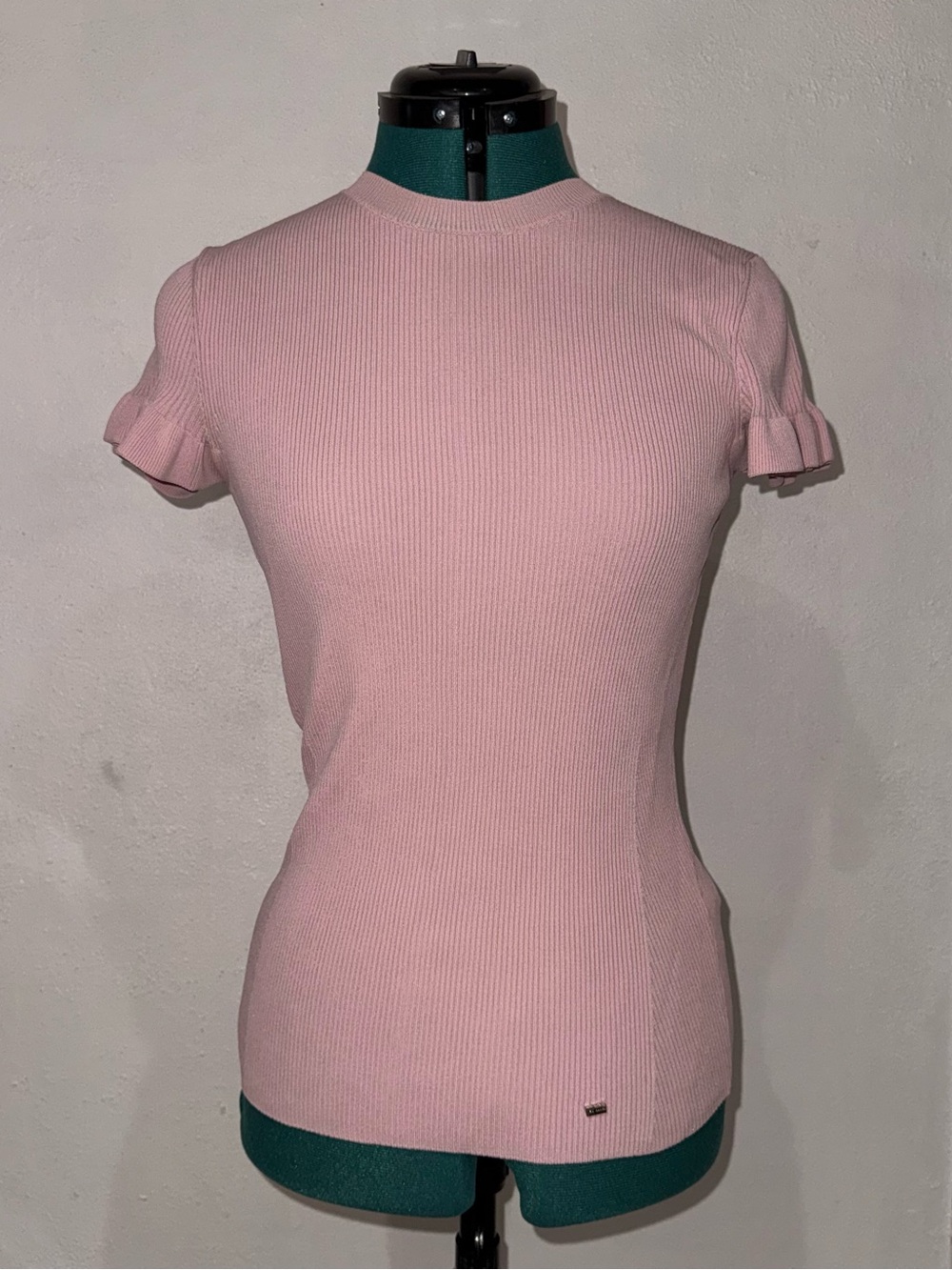 Ted Baker Pale Pink Ribbed Short Sleeve Top with Ruffle Trim